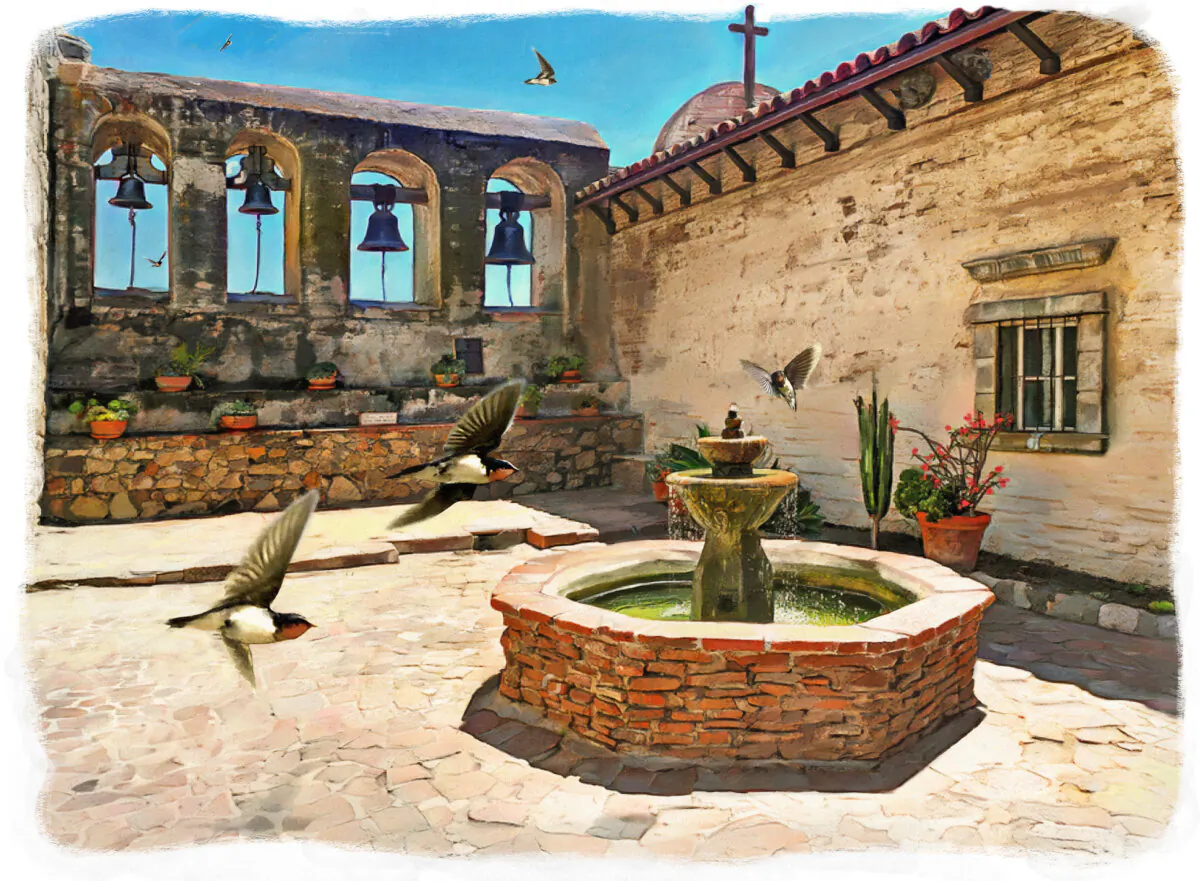 The cliff swallows of San Juan Capistrano, Calif., are famous for arriving at the mission around March 19 every year. (Biba Kayewich)