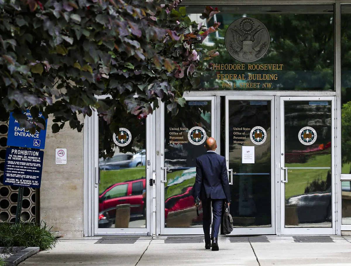 The entrance to the Theodore Roosevelt Federal Building that houses the Office of Personnel Management headquarters in Washington on June 5, 2021. (Mark Wilson/Getty Images)
