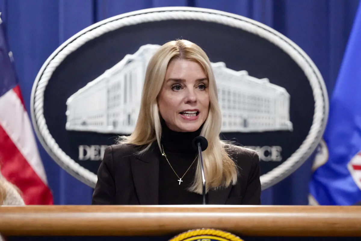 Attorney General Pam Bondi, who leads the Department of Justice, speaks at a news conference in Washington on Feb. 12, 2025. (Ben Curtis/AP Photo)