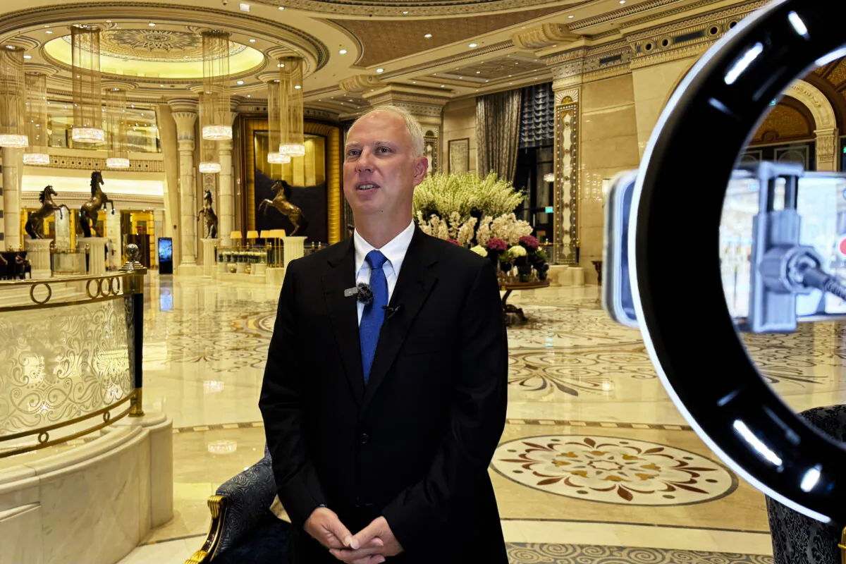 Kirill Dmitriev, the head of the Russian Direct Investment Fund, speaks to journalists at the Ritz Carlton hotel in Riyadh, Saudi Arabia, Feb. 18, 2025. (AP Photo/Baraa Anwer)