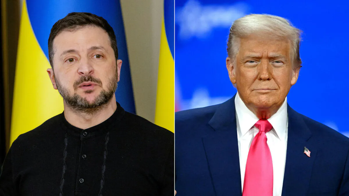 (Left) Ukrainian President Volodymyr Zelenskyy on Feb. 12, 2025: (Right) U.S. President Donald Trump on Feb. 22, 2025. (Tetiana Dzhafarova, Alex Wroblewski/AFP via Getty Images)