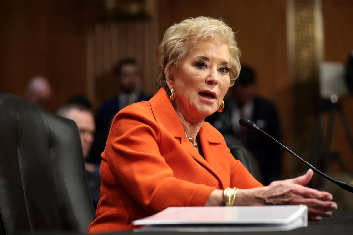 Then-nominee for the post of secretary of education, Linda McMahon, testifies during her Senate Health, Education, Labor, and Pensions Committee confirmation hearing in the Dirksen Senate Office Building in Washington, on Feb. 13, 2025. (Win McNamee/Getty Images)
