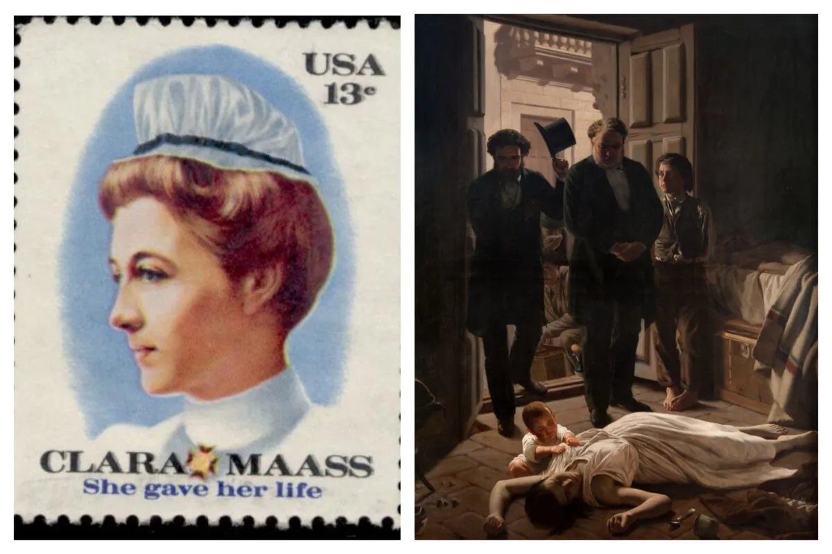 Clara Maass (L) featured on a 13-cent stamp. A painting (R) depicting yellow fever in 1871. (Public Domain)