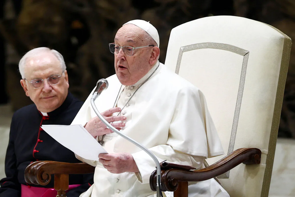 Pope Francis speaks during the weekly general audience, in Paul VI Audience Hall at the Vatican, on Feb. 12, 2025. (Guglielmo Mangiapane/Reuters)