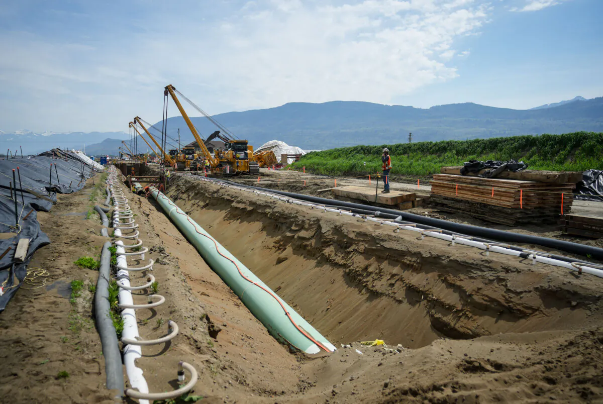 Workers position pipe during construction of the Trans Mountain pipeline expansion in Abbotsford, B.C., on May 3, 2023. (The Canadian Press/Darryl Dyck)