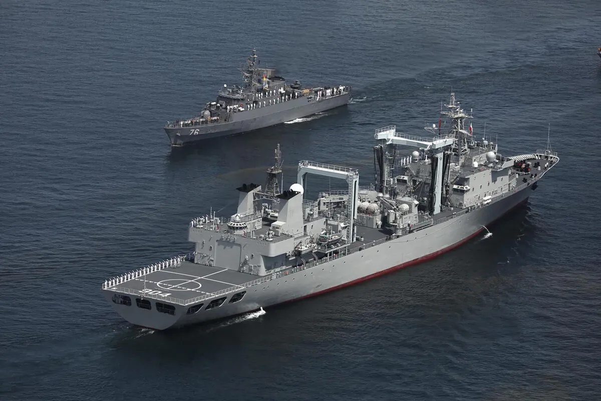 Navy vessels taking part in a joint Iranian-Russian-Chinese military drill in the Gulf of Oman, on March 12, 2025. (Iranian Army Office/AFP via Getty Images)