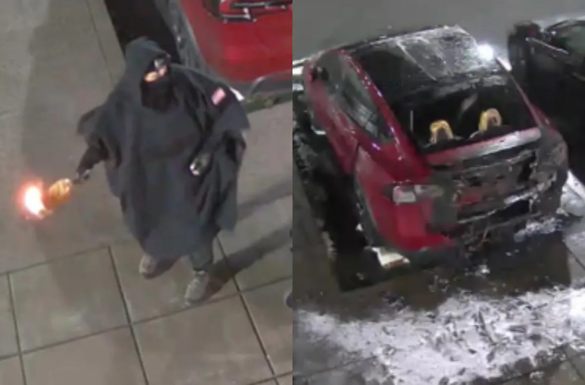 (L) In an image from video, a person identified as Adam Matthew Lansky throws a Molotov cocktail at Tesla vehicles at a dealership in Salem, Ore., on Jan. 20, 2025. (R) Damage to one of the vehicles. (U.S. Department of Justice via The Epoch Times)