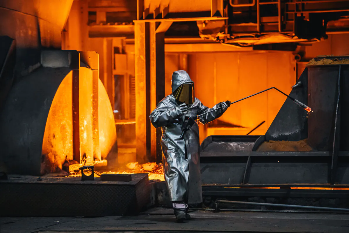 A worker at the Thyssenkrupp steel mill in Duisburg, Germany, on March. 20, 2025. (Hesham Elsherif/Getty Images)
