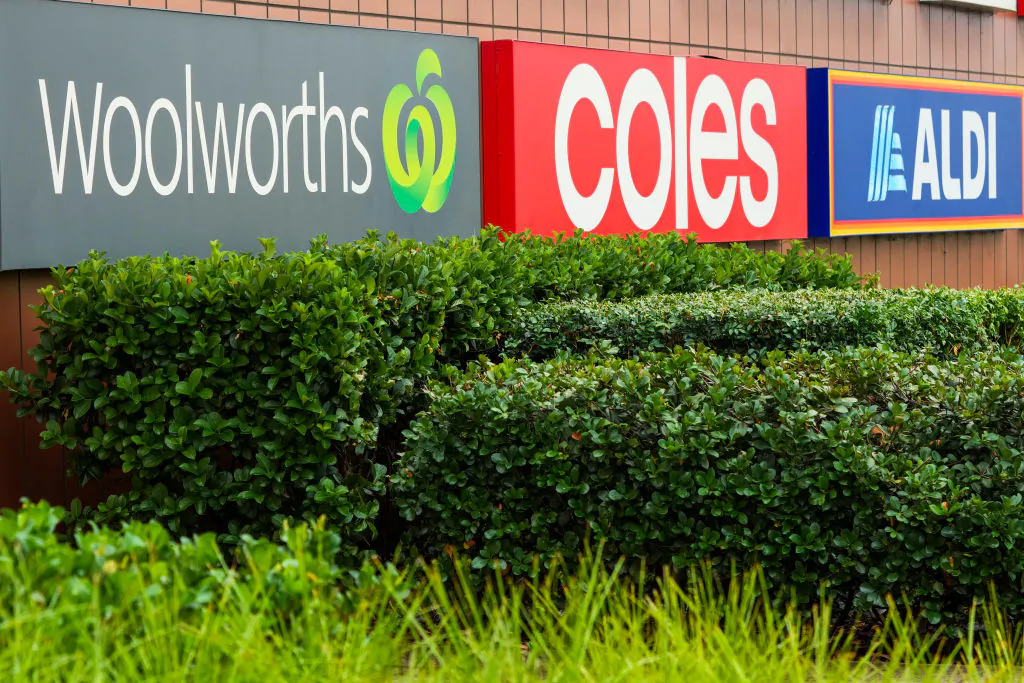 Woolworths, Coles and Aldi signage supermarket signage in Melbourne, Australia on March 13, 2024. (Asanka Ratnayake/Getty Images)