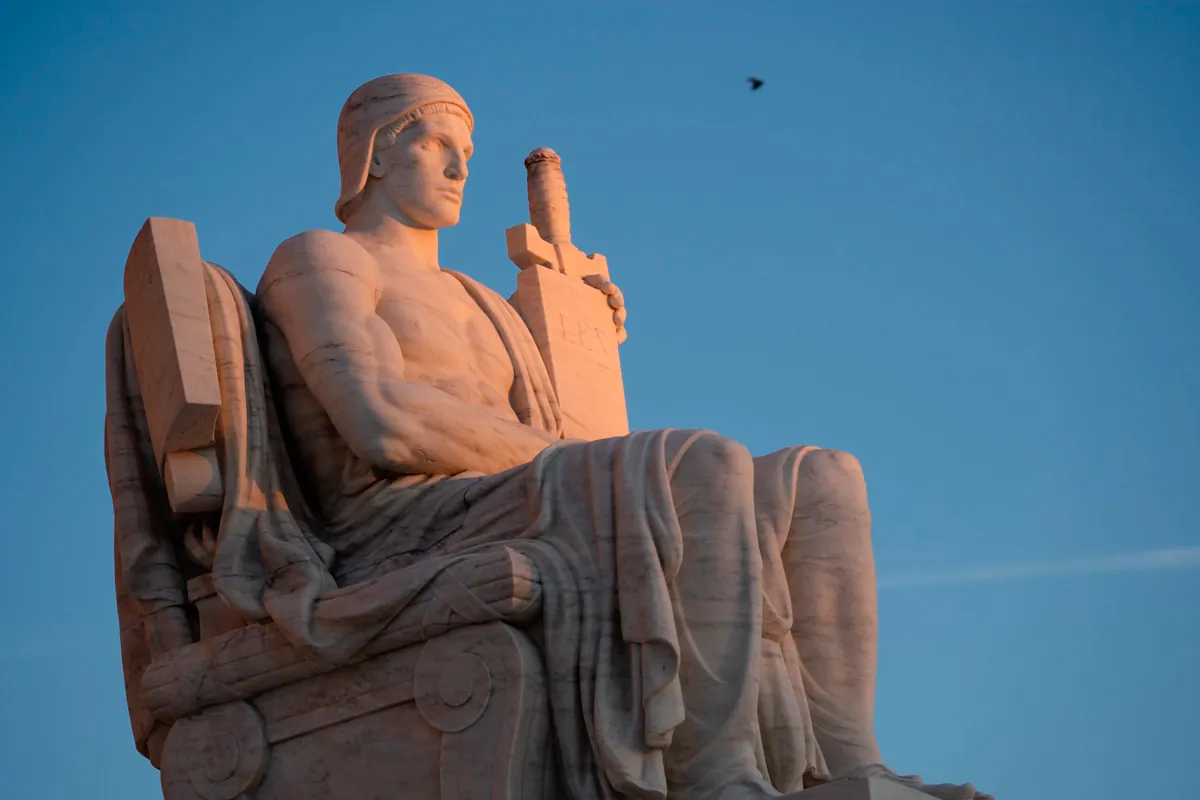 The Authority of Law statue at the U.S. Supreme Court in Washington on Feb. 10, 2025. (Madalina Vasiliu/The Epoch Times)