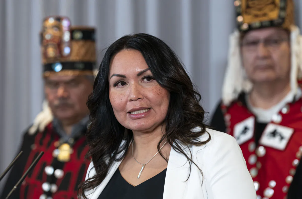 Haisla Nation Chief Councillor Crystal Smith during a press conference announcing that the Cedar LNG project has been given environmental approval in Vancouver, on March 14, 2023. (The Canadian Press/Rich Lam)