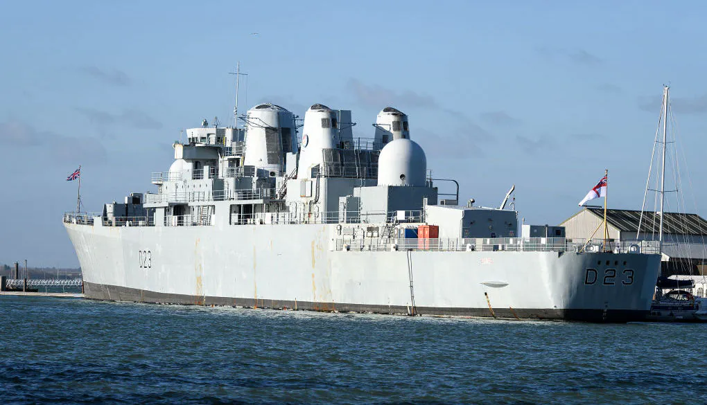 The Royal Navy destroyer HMS Bristol is seen near Portsmouth International Ferry Port in Portsmouth, England, on Jan. 8, 2019. The White Ensign flies at the stern. (Leon Neal/Getty Images)