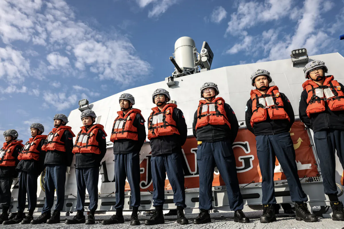 Navy personnel stand by on a Tuo Chiang-class corvette as they take part in a combat readiness exercise at the Zuoying Naval Base in Kaohsiung, Taiwan, on Jan. 9, 2025. (I-hwa Cheng/AFP via Getty Images)