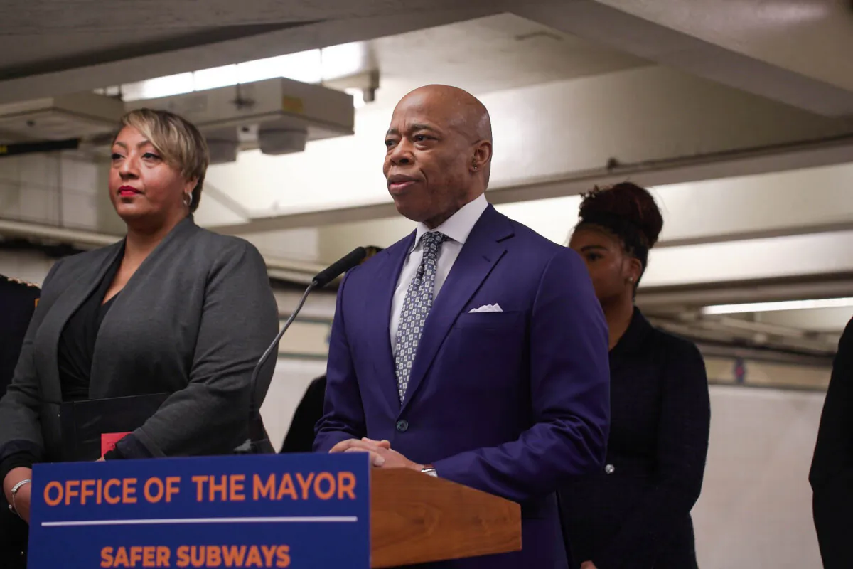 New York City Mayor Eric Adams speaks at a news conference at the 34th Street–Herald Square subway station on March 21, 2025. (Oliver Mantyk/Epoch Times)