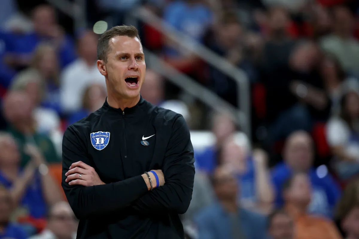 Head Coach John Scheyer of the Duke Blue Devils reacts during the first half in the first round of the NCAA Men's Basketball Tournament against the Mount St. Mary's Mountaineers at Lenovo Center in Raleigh, N.C., on March 21, 2025. (Jared C. Tilton/Getty Images)