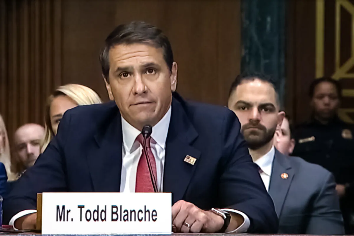 In this image from video, Todd Blanche testifies during his confirmation hearing in Washington on Feb. 12, 2025. He was later confirmed as deputy attorney general. (The Epoch Times via Senate Judiciary Committee)