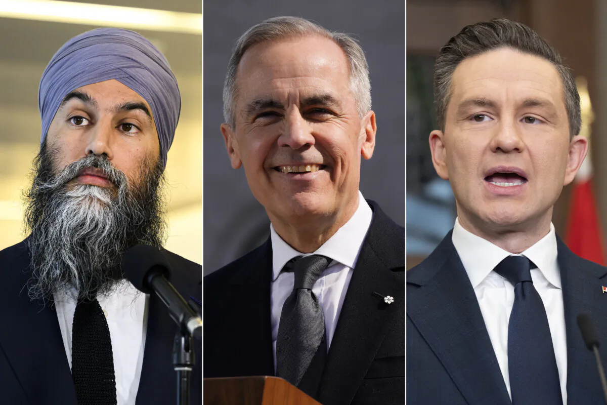 (Left to right) NDP Leader Jagmeet Singh, Liberal Leader Mark Carney, and Conservative Leader Pierre Poilievre. (The Canadian Press/Justin Tang, Adrian Wyld)