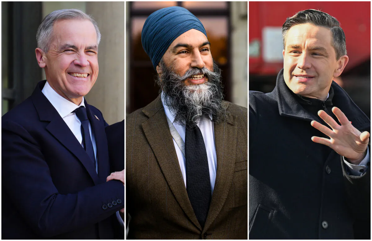 (L–R) Liberal Leader Mark Carney, NDP Leader Jagmeet Singh, and Conservative Leader Pierre Poilievre. (The Canadian Press/Sean Kilpatrick, Justin Tang, Jacques Boissinot)