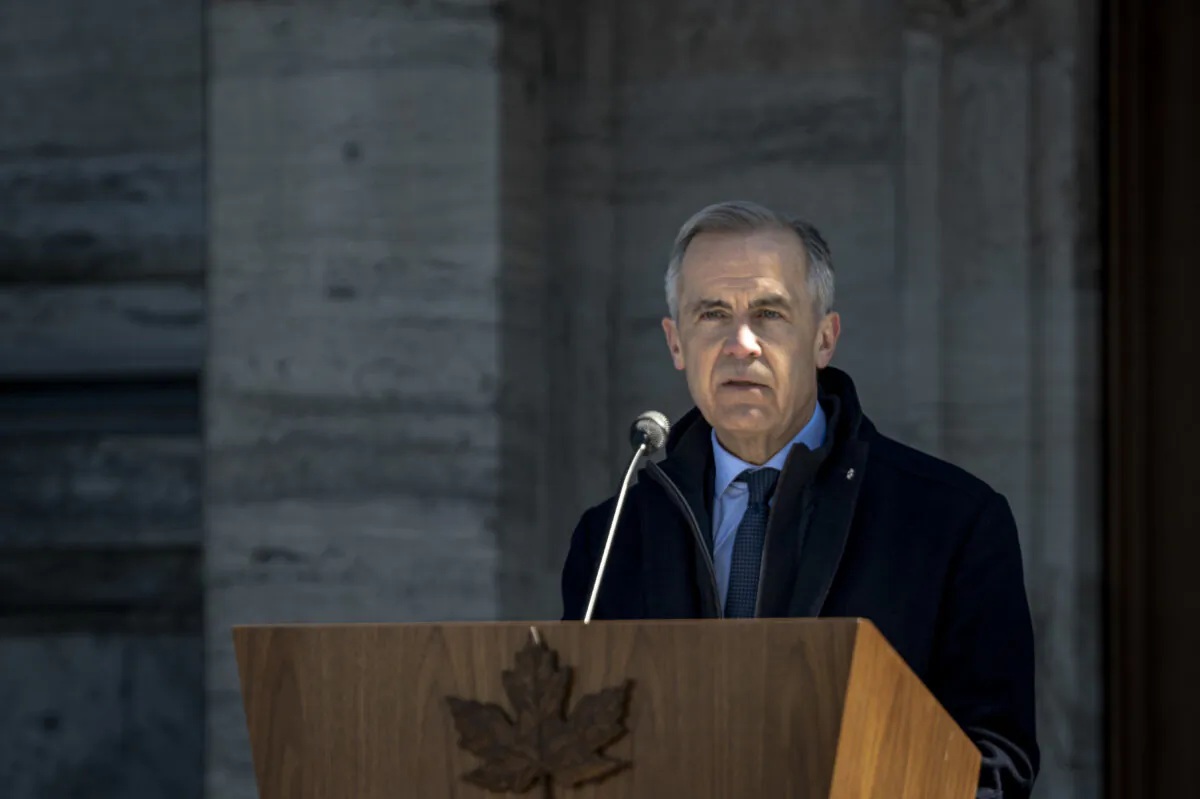 Liberal Leader Mark Carney speaks to media at Rideau Hall, where, as prime minister, he asked the Governor General to dissolve Parliament and call an election, in Ottawa, on March 23, 2025. (Andrej Ivanov/Getty Images)
