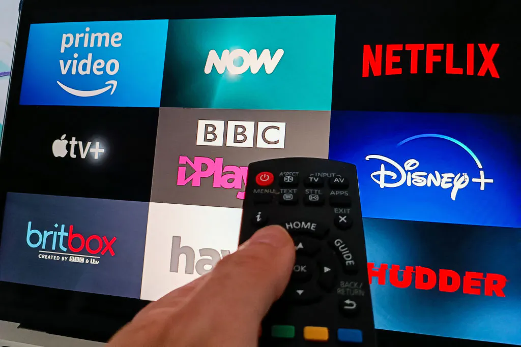 Illustration of video streaming platforms, Paris, April 18, 2024. Prime Video, now, Netflix, Disney, TV+, britbox, Shudder, BBC. Video, movies and films. (Riccardo Milani/Hans Lucas/AFP via Getty Images)