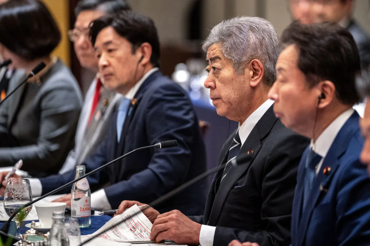 Japanese Foreign Minister Takeshi Iwaya gives a speech to Chinese Foreign Minister Wang Yi (not pictured) during the Japan-China high-level economic dialogue in Tokyo on March 22, 2025. (Philip Fong/ POOL/AFP via Getty Images)