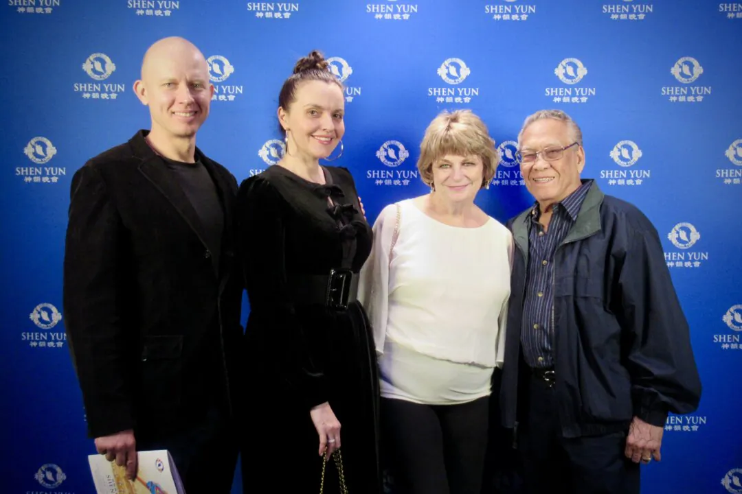 Tatyana O'Toole (2nd L) with friends at Shen Yun Performing Arts at the Terrace Theater, in Long Beach, Calif., on March 22, 2025. (NTD)
