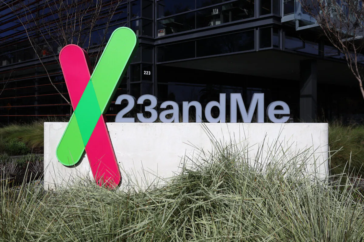 A sign is posted in front of the 23andMe headquarters in Sunnyvale, Calif., on Feb. 1, 2024. (Justin Sullivan/Getty Images)