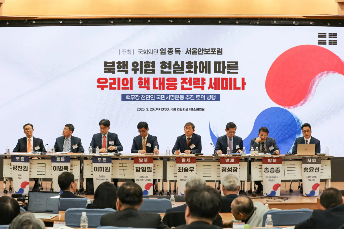 Members from think tanks, academia, and legislature gather at Seoul's National Assembly for a seminar hosted by the Seoul Defense Forum titled “South Korea’s Response to North Korean Nuclear Crisis" in South Korea on March 20, 2025. (Han Ki Min/ The Epoch Times)