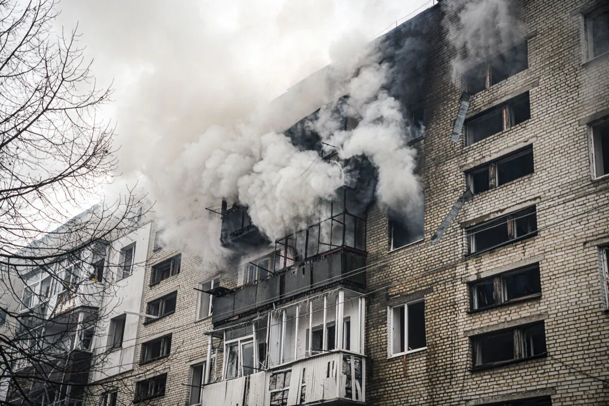 Smoke billows from a residential building after a missile attack in Sumy, Ukraine, on March 24, 2025. (Yevhen Abrasimov/AFP)