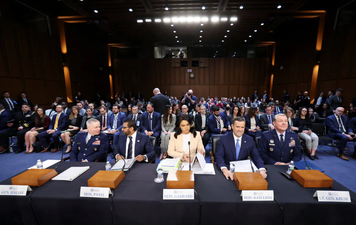 Director of National Intelligence Tulsi Gabbard (C), CIA Director John Ratcliffe (2nd R), and FBI Director Kash Patel (2nd L) at a Senate Intelligence Committee hearing on worldwide threats, on Capitol Hill in Washington on March 25, 2025. (Kevin Lamarque/Reuters) 