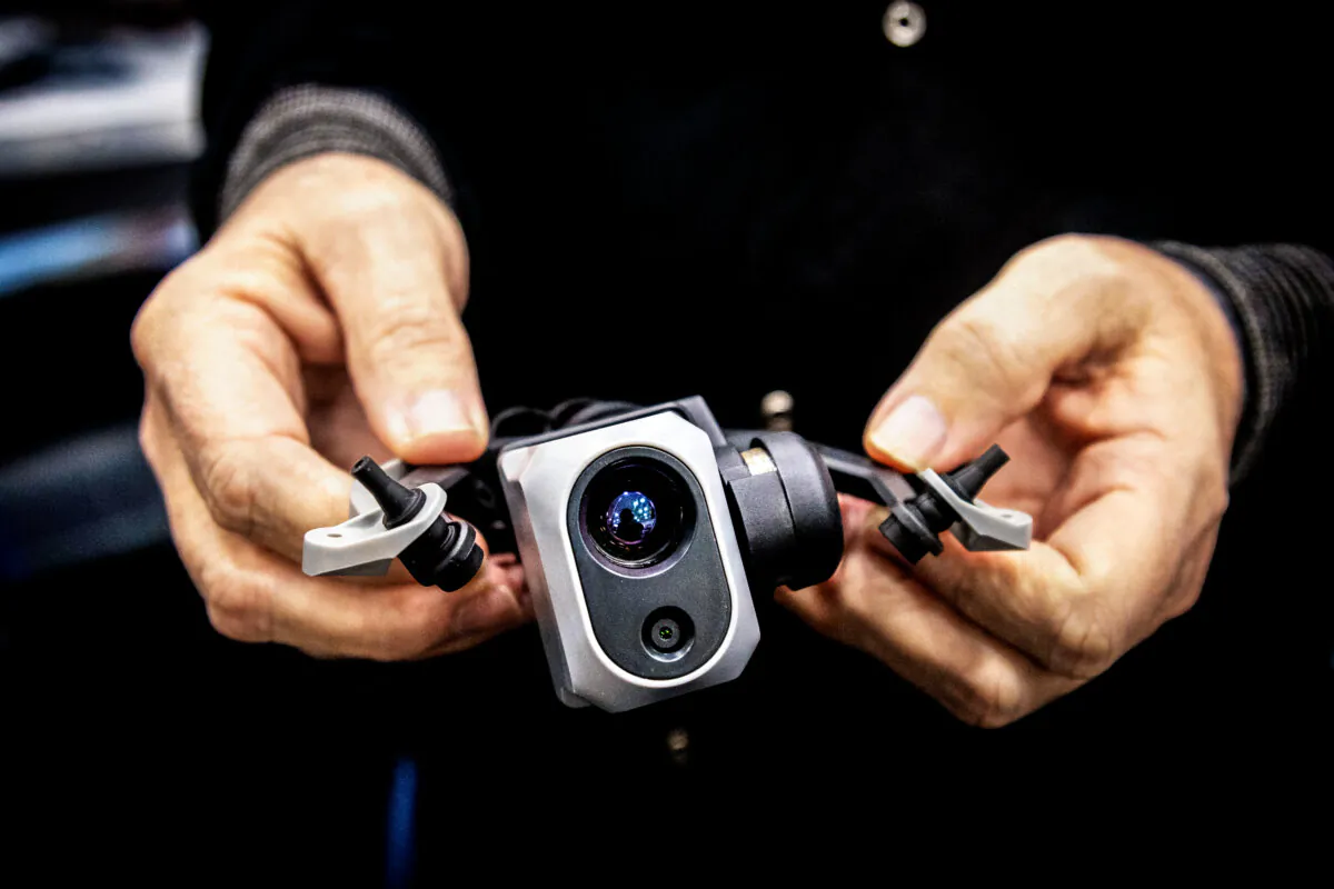 A Teal engineer displays the camera system of one of the company's drones in Salt Lake City on Feb. 21, 2025. (John Fredricks/The Epoch Times)