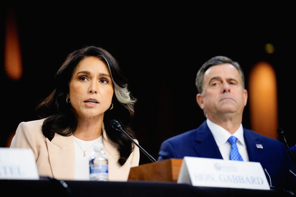 Director of National Intelligence Tulsi Gabbard (L) accompanied by Central Intelligence Agency Director John Ratcliffe (R), speaks during a Senate Committee on Intelligence Hearing in Washington on  March 25, 2025. (Andrew Harnik/Getty Images)