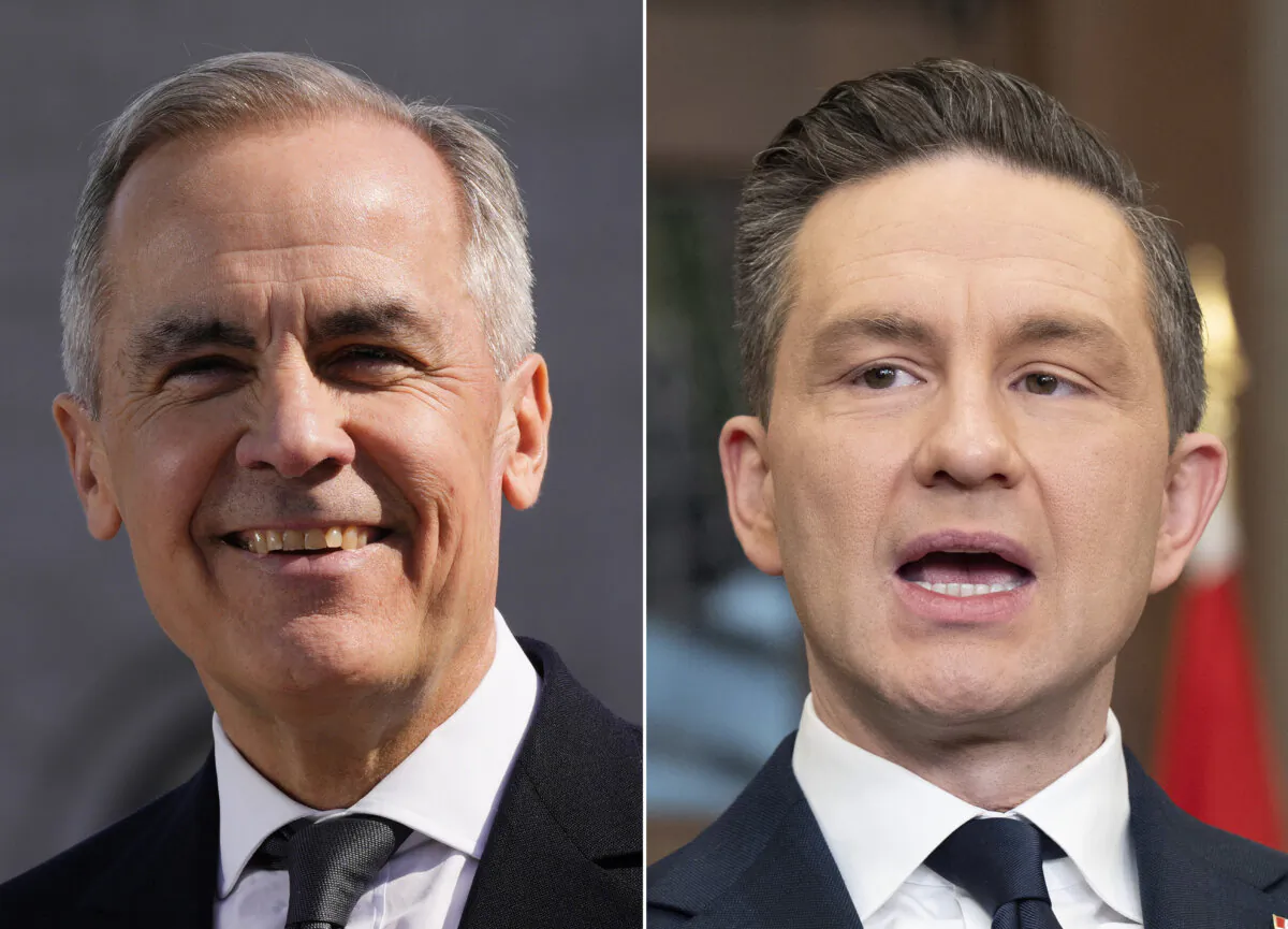 (Left) Prime Minister Mark Carney speaks in Ottawa on March 14, 2025. (Right) Conservative Leader Pierre Poilievre speaks with media in Ottawa on Mar 10, 2025. (The Canadian Press/Justin Tang; The Canadian Press/Adrian Wyld)