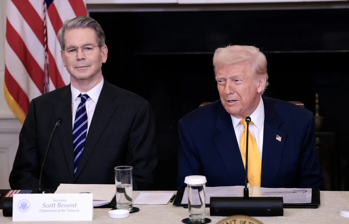 President Donald Trump (R) speaks alongside Treasury Secretary Scott Bessent at the The White House Digital Assets Summit at the White House in Washington on March 7, 2025. (Anna Moneymaker/Getty Images)