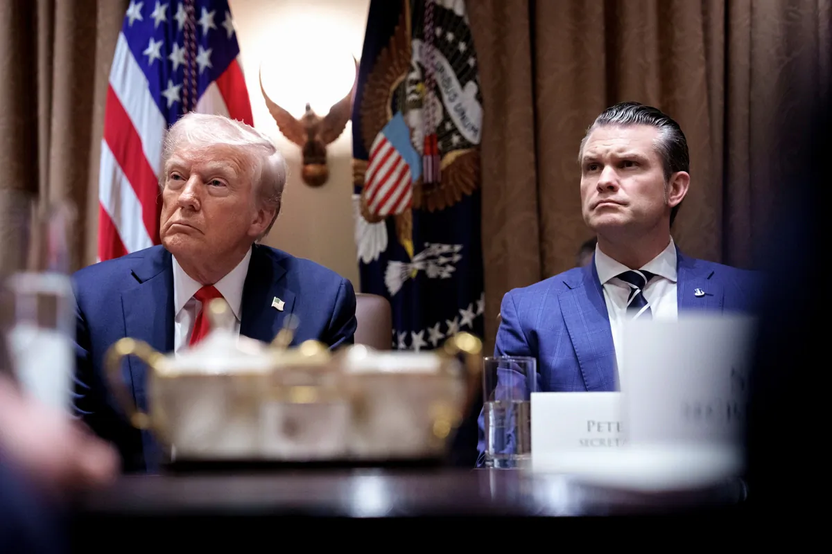 President Donald Trump and Defense Secretary Pete Hegseth, appear during a Cabinet meeting at the White House on Feb. 26, 2025. (Andrew Harnik/Getty Images)