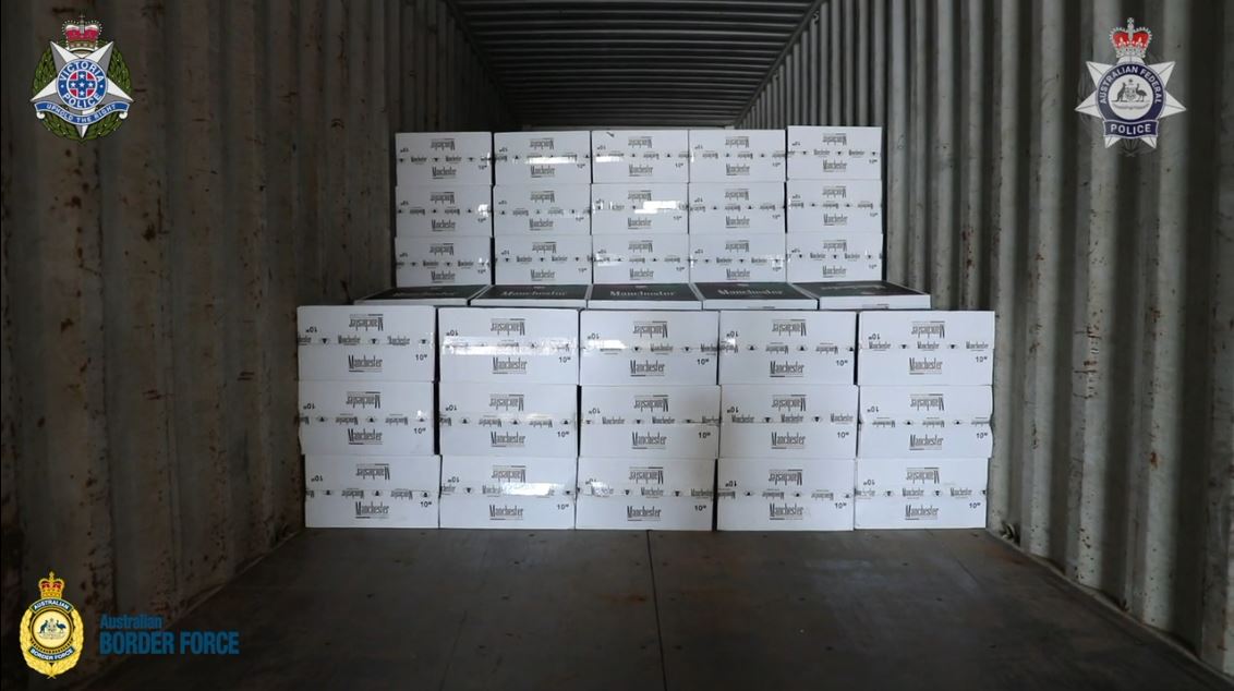 Some of the 10 million cigarettes smuggled into Australia by six Melbourne men, who were arrested in a joint Australian Federal Police / Australian Border Force / Victoria Police Joint Organised Crime Taskforce in February, 2024. (Courtesy of the Australian Federal Police)