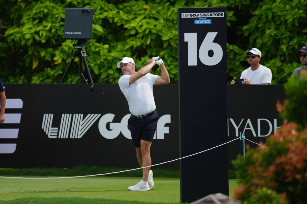 Lee Westwood of Majesticks GC tees off at 16th hole on day two of LIV Golf Singapore at Sentosa Golf Club in Singapore, Singapore on March 15, 2025. (Thananuwat Srirasant/Getty Images)