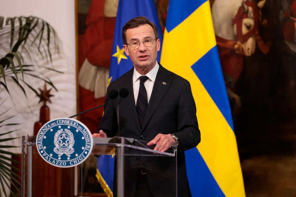 Swedish Prime Minister Ulf Kristersson speaks during a news conference in Rome on Feb. 26, 2025. (Remo Casilli/Reuters) 