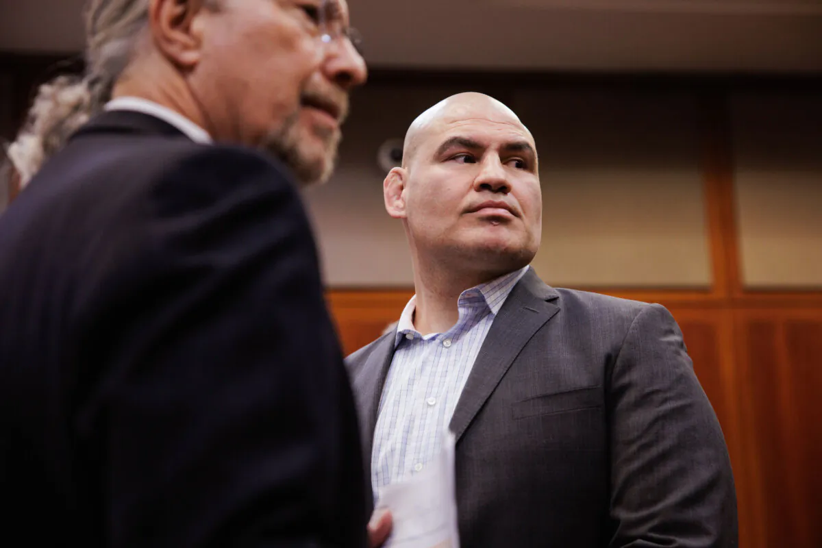 Cain Velasquez (R) appears for his arraignment with his attorney Edward Sousa at the Santa Clara County Hall of Justice in San Jose, Calif., on Nov. 21, 2022. (Dai Sugano/Bay Area News Group via AP, Pool)
