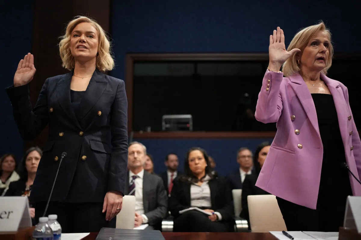 President and CEO of National Public Radio Katherine Maher (L) and President and CEO of Public Broadcasting Service Paula Kerger are sworn in before a House Oversight and Government Reform Committee hearing at the U.S. Capitol in Washington on March 26, 2025. (Andrew Harnik/Getty Images)