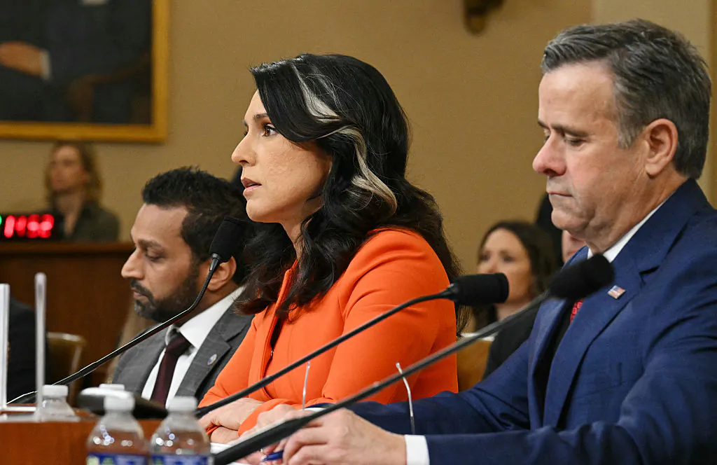 (L-R) FBI Director, Kash Patel; Director of National Intelligence, Tulsi Gabbard; and CIA Director, John Ratcliffe, testify before a House Permanent Select Committee on Intelligence hearing on Capitol Hill in Washington, DC, on March 26, 2025. (Drew Angerer/AFP via Getty Images)