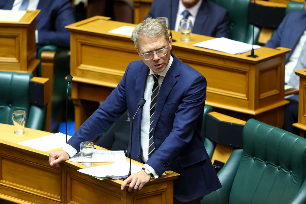 Minister Paul Goldsmith speaks during question time at Parliament in Wellington, New Zealand, on March 6, 2024. (Hagen Hopkins/Getty Images)