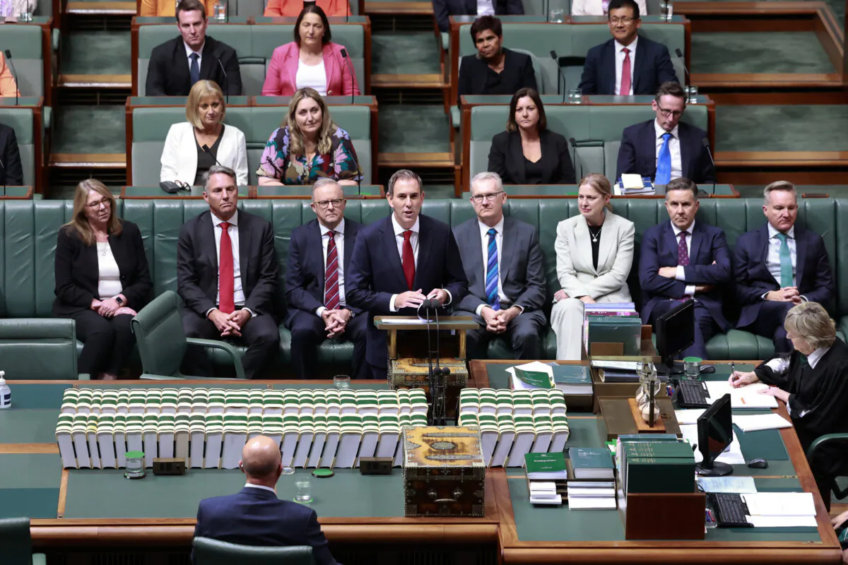 Australia’s Treasurer Jim Chalmers delivers his budget speech at Parliament House in Canberra, Australia on March 25, 2025. (Hilary Wardhaugh/Getty Images)