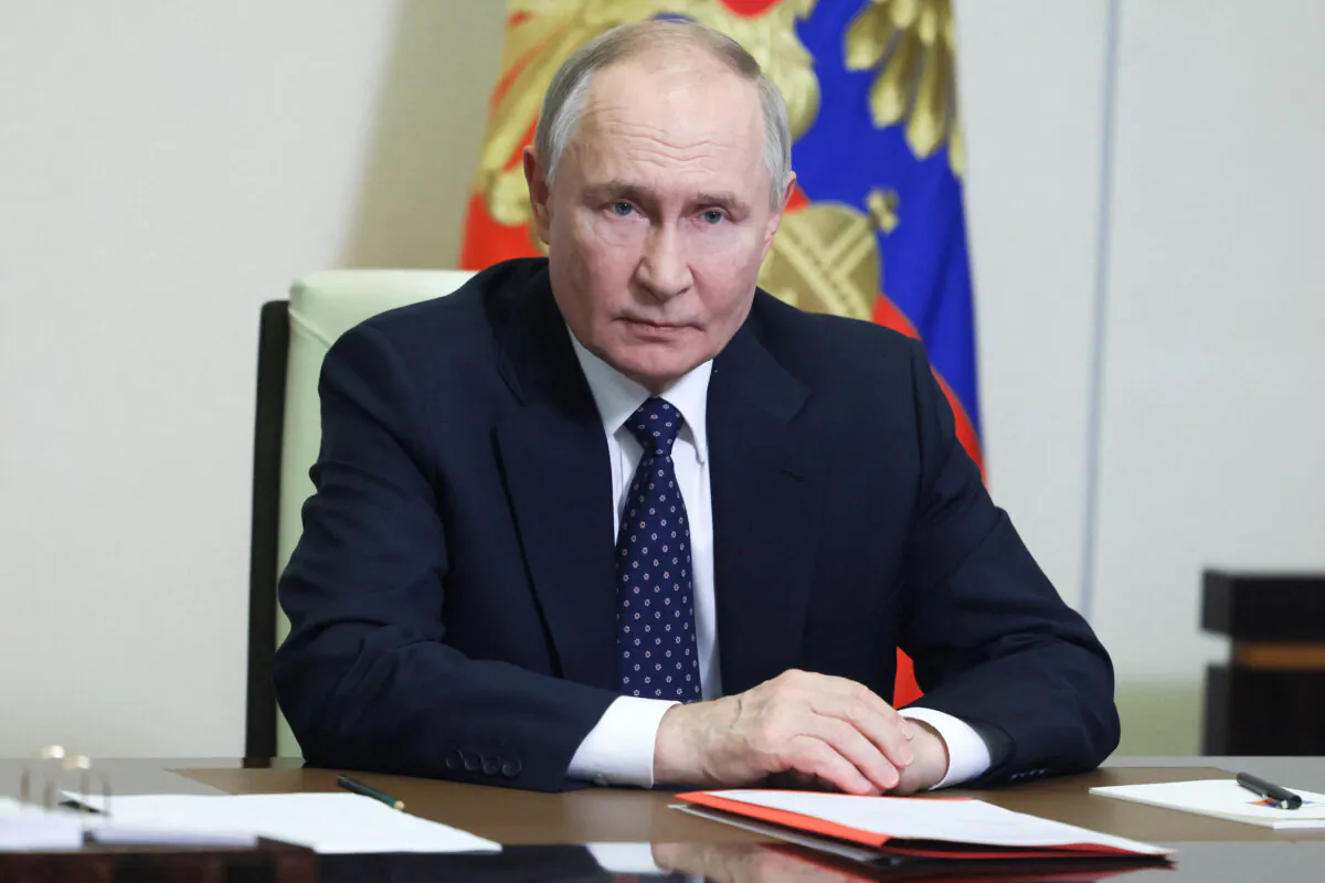 Russian President Vladimir Putin chairs a Security Council meeting via videoconference at the Novo-Ogaryovo state residence outside Moscow on March 14, 2025. (Aleksey Babushkin/Pool/AFP/Getty Images)