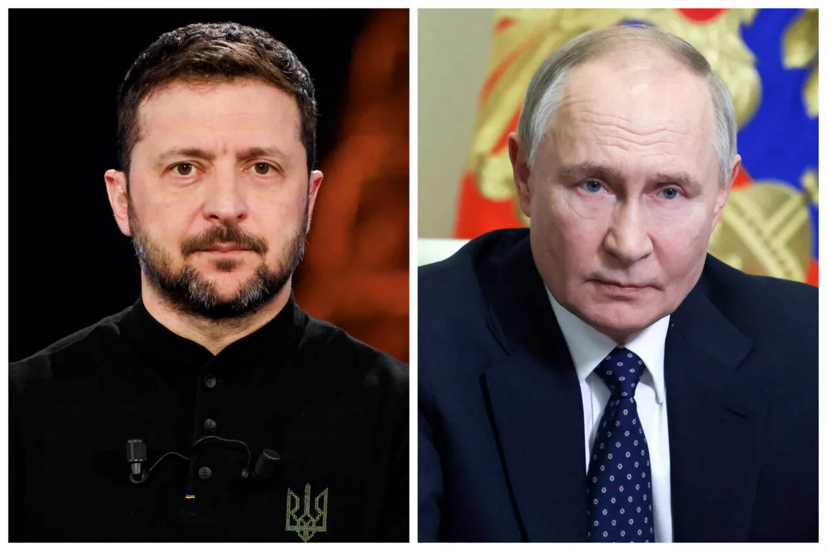 (Left) Ukraine's President Volodymyr Zelenskyy at the Musee de L'Homme in Paris on March 26, 2025. (Right) Russian President Vladimir Putin at the Novo-Ogaryovo state residence outside Moscow on March 14, 2025. (Ludovic Marin, Aleksey Babushkin/Pool/AFP via Getty Images)