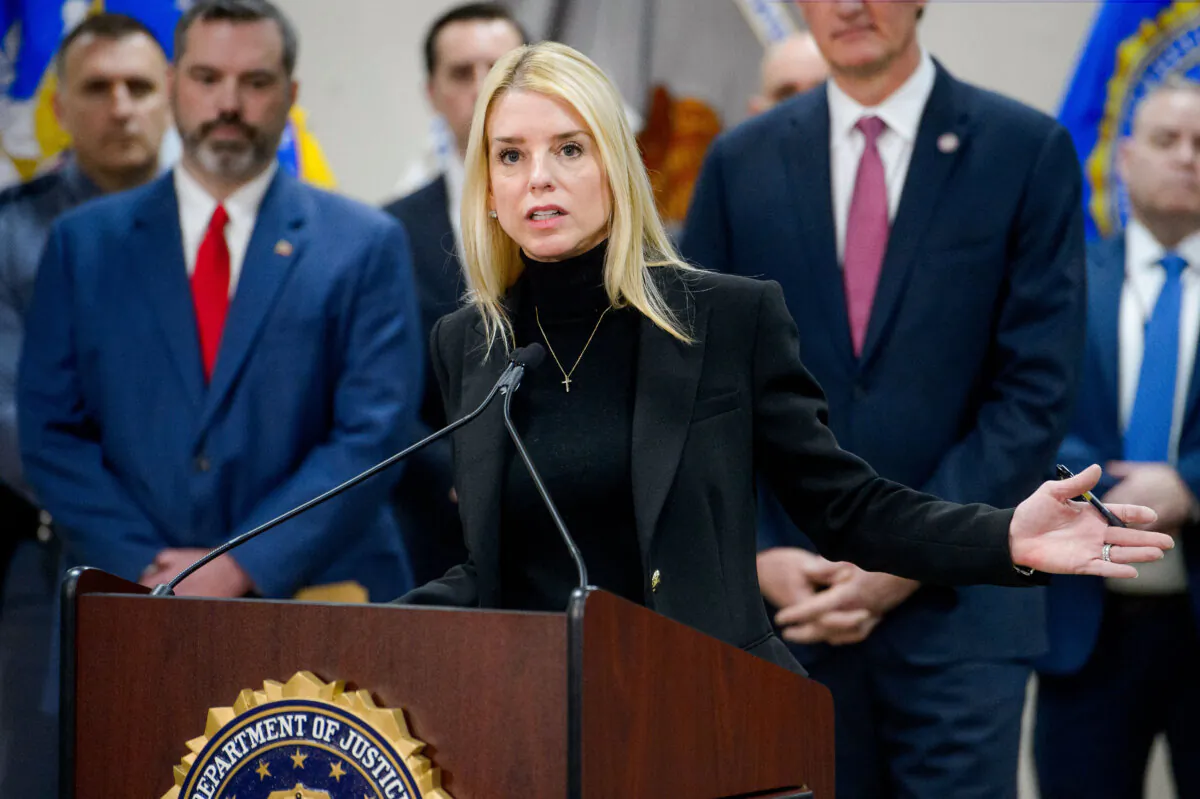 Attorney General Pam Bondi speaks about an MS-13 gang leader who was arrested in an operation by the Virginia Homeland Security Task Force in Dale City, Va., on March 27, 2025, during a news conference at the Manassas FBI Field Office in Manassas, Va., on March 27, 2025. (Rod Lamkey/AP Photo)