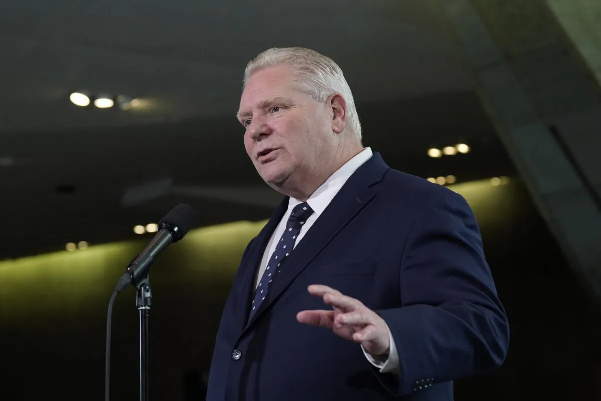 Ontario Premier Doug Ford speaks with media before the first ministers meeting at the National War Museum in Ottawa on March 21, 2025. (The Canadian Press/Adrian Wyld)