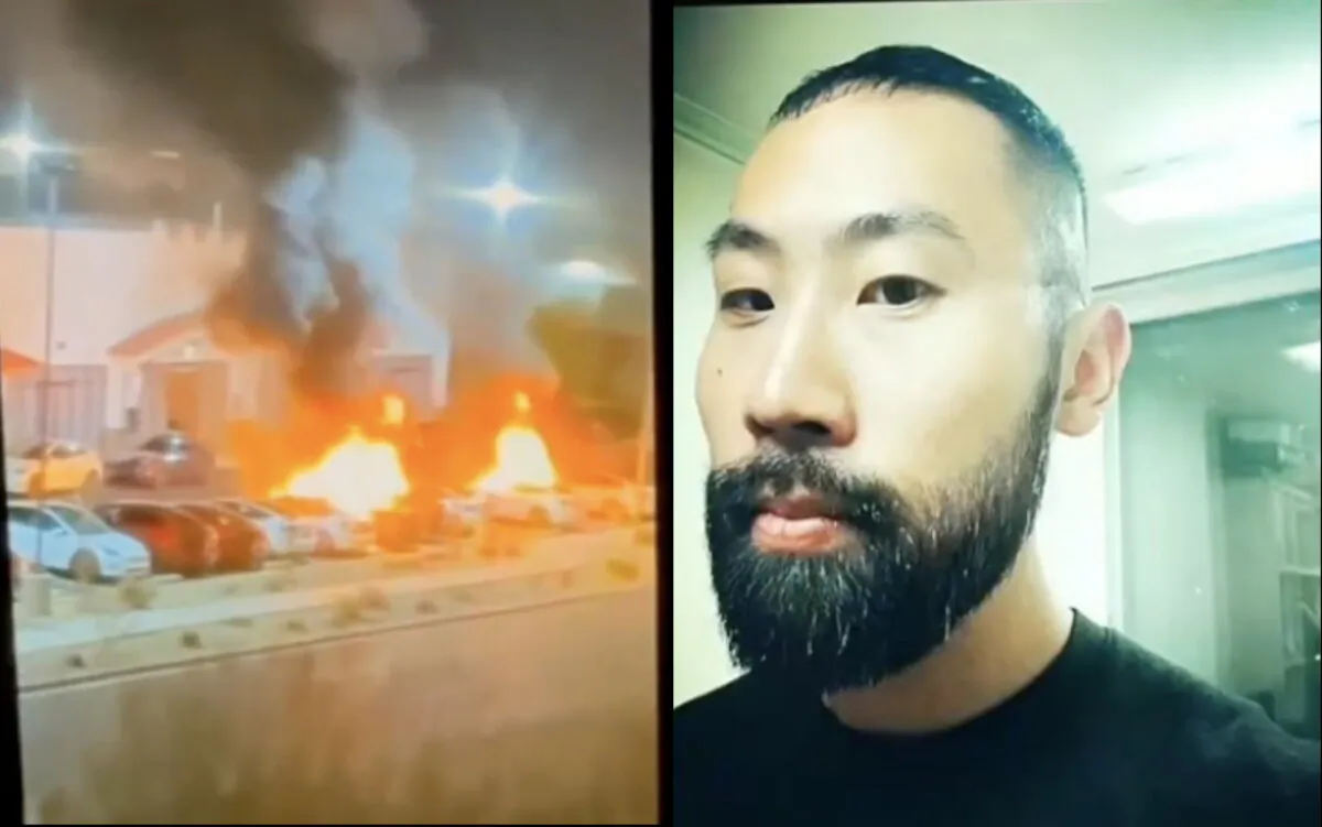 (Left) Tesla vehicles on fire in Las Vegas on March 18, 2025; (Right) an undated police-provided photo of the suspect, Paul Hyon Kim. (Las Vegas Metropolitan Police Department)