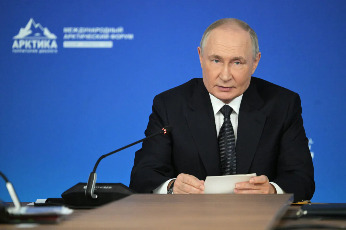 Russian President Vladimir Putin attends the International Arctic Forum in Murmansk, Russia, on March 27, 2025. (Alexey Nikolskiy/Sputnik via Reuters)