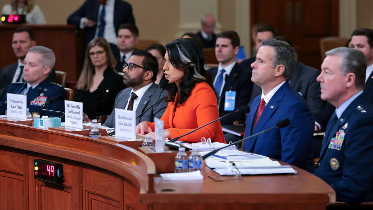 Director of National Intelligence Tulsi Gabbard (C) speaks as (L-R) National Security Agency Director General Timothy Haugh, Federal Bureau of Investigation Director Kash Patel, Central Intelligence Agency Director John Ratcliffe, and Defense Intelligence Agency Director Jeffrey Kruse look on during an annual worldwide threats assessment hearing at the Longworth House Office Building in Washington, on March 26, 2025. (Kayla Bartkowski/Getty Images)